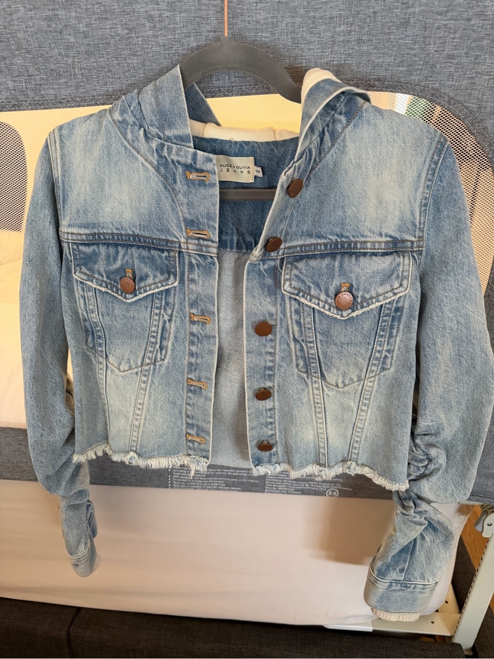 Alice + Olivia Cropped Light Wash Denim Hooded Jacket - Light Blue